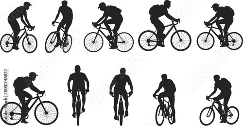 Cyclists silhouettes riding bicycles in various positions, road cycling, mountain biking, fitness sport, outdoor exercise, biking posture vector illustration