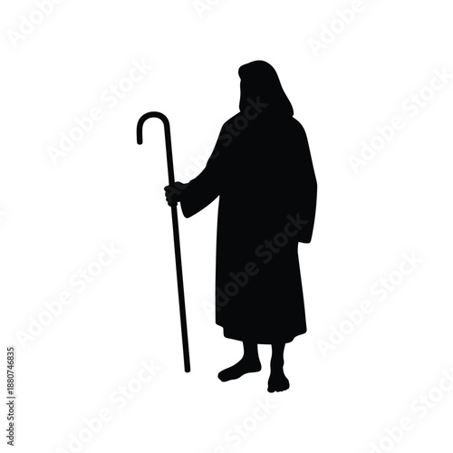 Silhouette of a shepherd with a staff standing against a white background