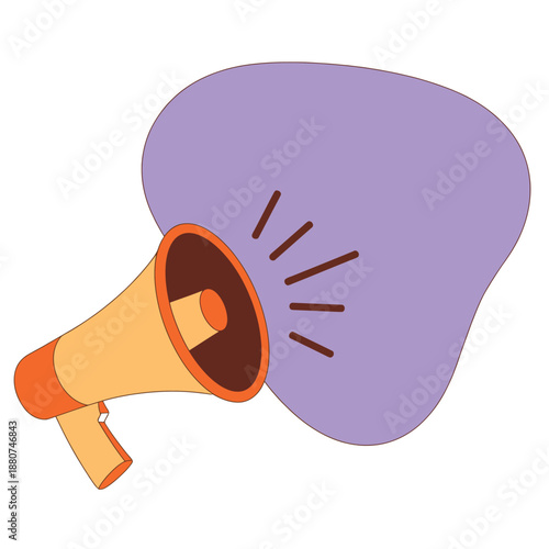 Cartoon megaphone with purple speech bubble and orange accents on white background loudly announcing
