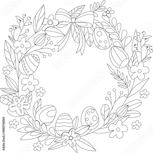 БезымянEaster-themed vector coloring page, Easter wreath outline for coloring, relaxing coloring of a spring wreath with Easter eggsный-3