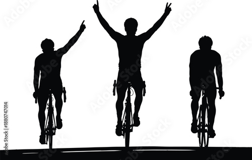 Cyclist silhouettes in riding and victory poses, cycling sport illustration set, teamwork and celebration artwork, athletic lifestyle design, race event concept