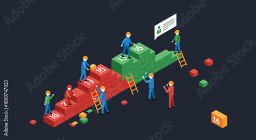 teamwork building blocks concept with diverse business people collaborating on project strategy and progress milestones.