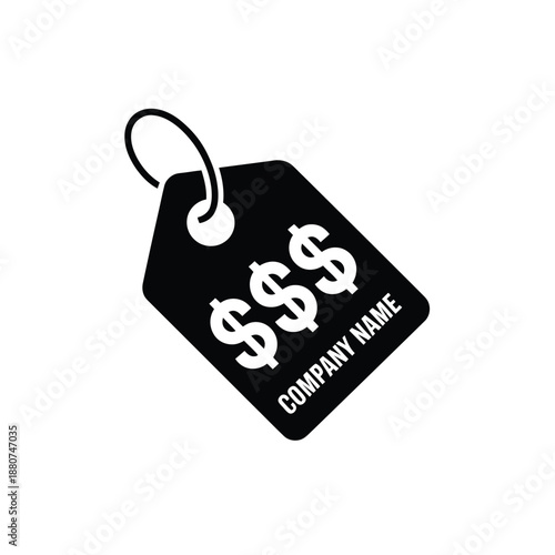 Black price tag with dollar signs and company name illustration