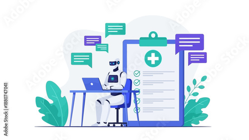 artificial intelligence healthcare robot processes medical data and manages patient records at a modern digital health office for automated assistance