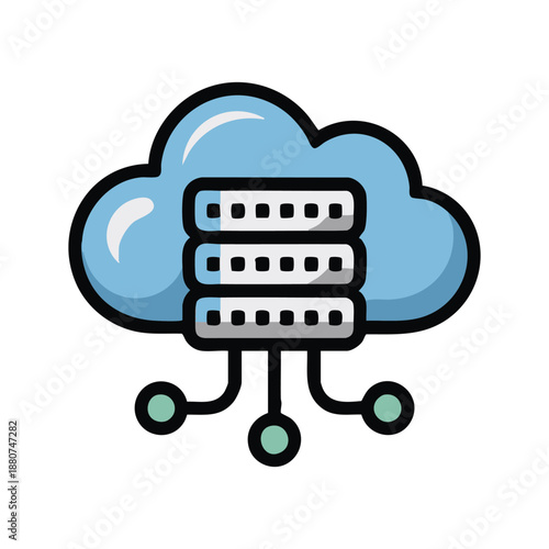High-quality digital illustration of cloud computing infrastructure, featuring server racks and interconnected network data points.