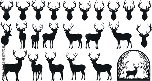 Deer silhouette vector, antler head icons, wildlife clipart set, hunting design elements, rustic forest animals, stag head artwork, nature illustration
