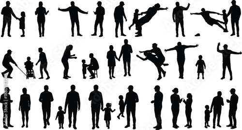 Family silhouette illustration, parent and child figures, walking, playing, talking, bonding, emotional connection, parenting concept, support, relationship, interaction, love, care