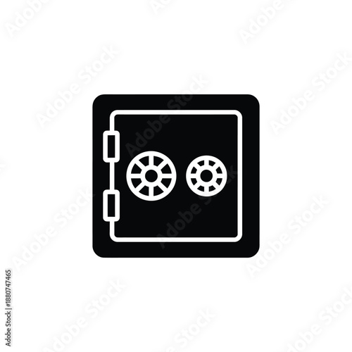 Simple black and white icon depicting a closed safe with two dials