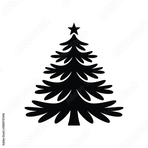 Simple black silhouette of a christmas tree with a star on top