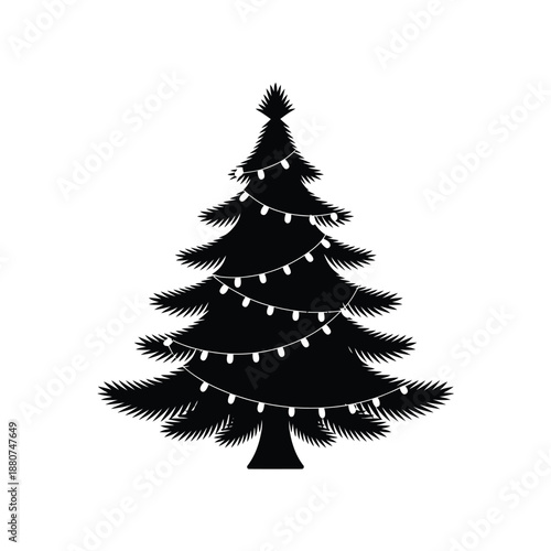 A simple black silhouette of a christmas tree with lights