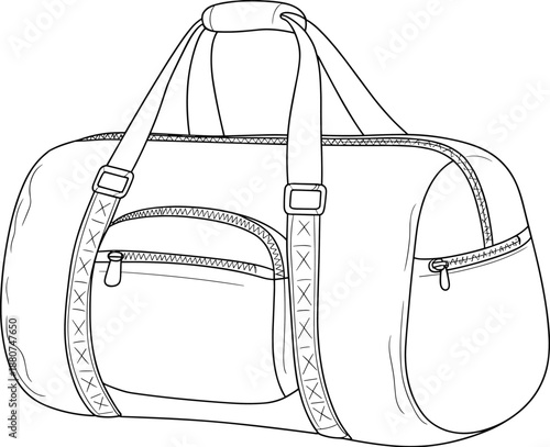 Duffle bag line art illustration with zipper pockets, adjustable straps, carrying handle, spacious design, travel gear, casual style, CAD drawing flat vector illustration