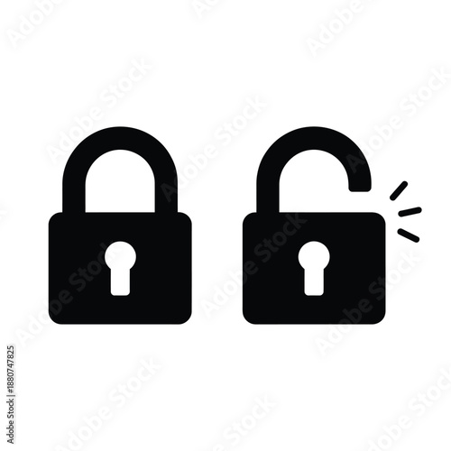 Two black padlocks one open and one closed with motion lines