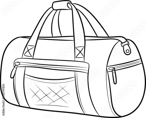 Detailed duffel bag with handles, front zipper pocket, side zipper pocket, travel bag, gym accessory, storage bag, vector CAD drawing illustration