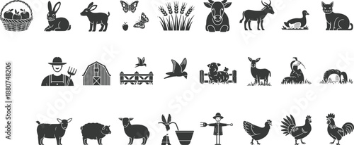 Farm animal silhouettes, countryside icons, rural life vector, agriculture illustration, farmer tools, barnyard animals, farming elements, black design, nature symbols