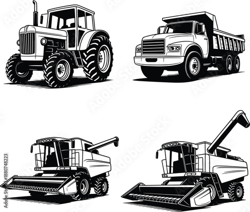 Tractor silhouette, dump truck vector, combine harvester illustration, farming machinery icons, agriculture equipment design, construction vehicle set, black design elements