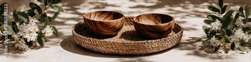 Wallpaper Mural Two wooden bowls sit on a woven tray, framed by floral branches. Soft shadows fall across Torontodigital.ca