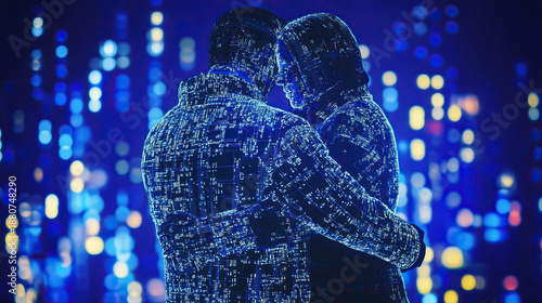 Two luminous cyborgs connect amid electric neon and holographic sparks