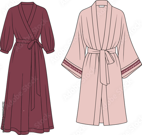 Elegant robe dress design, belted waist, kimono sleeve, wrap style, loungewear fashion, CAD flat sketch, vector illustration, fashion template