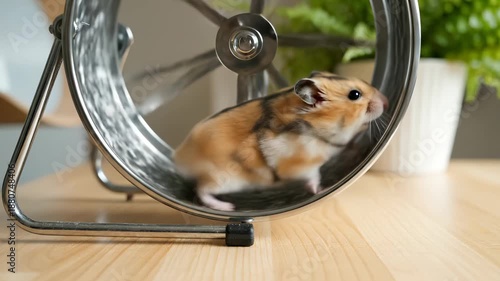 Hamster runs in exercise wheel on table for pet fitness. Small rodent running inside wheel for exercise. Hamster uses spinning wheel on wooden surface. Pet hamster active in running wheel daily.