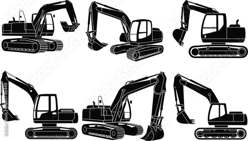 Excavator silhouettes, vector construction machine icons, heavy equipment clipart set, digging vehicle design, industrial outline art, excavator illustration pack, building machinery graphic 