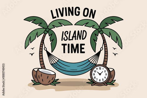 Vector illustration of a tropical island paradise featuring palm trees on a summer beach with coconut silhouettes against a sunlit sea and ocean landscape for travel design