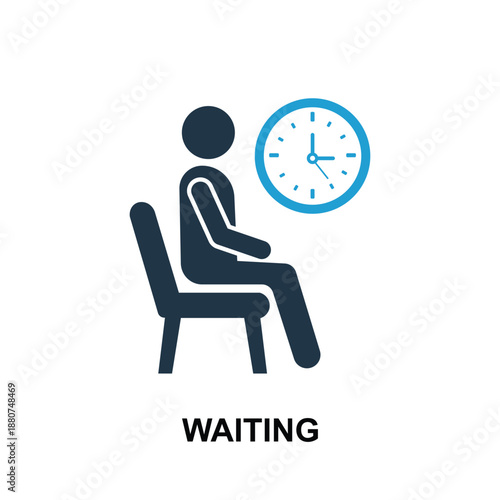 Waiting area person sitting on chair with wall clock vector icon for schedule