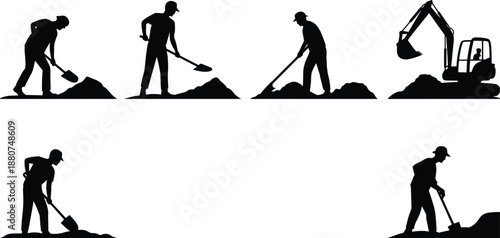 Digging worker silhouettes, shovel labor, excavator machine, construction site, manual and mechanical work, vector illustration, design element, industrial labor scene