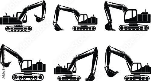 Excavator silhouette vector set, black heavy machinery designs in multiple positions for construction art, earth‑moving illustration, and industrial equipment graphics