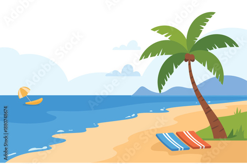 A serene tropical beach landscape featuring a coconut palm tree over white sand and turquoise ocean water under a sunny sky in a Caribbean island paradise vacation resort