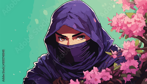 Mysterious Ninja in Purple Hood Amidst Blooming Cherry Blossoms.