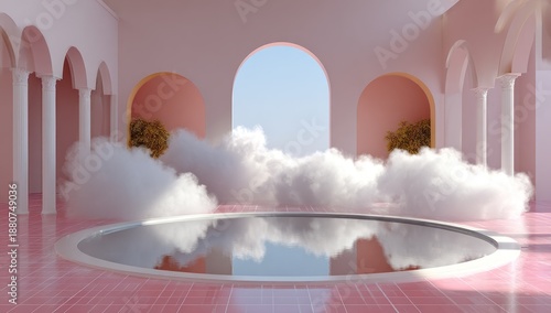 Wallpaper Mural Serene, pink-hued architecture with reflecting pool and ethereal clouds filling space Torontodigital.ca