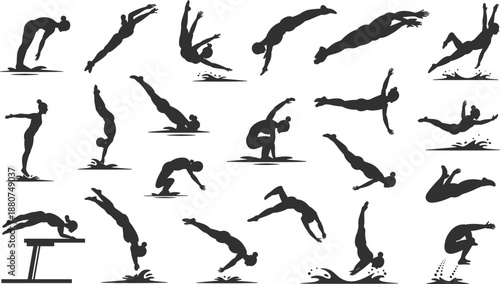 Diving silhouette vector, swimmer dive poses, female athlete jump collection, water sport illustrations, competitive diving art, swimming graphic design element