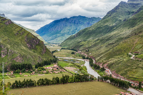 Wallpaper Mural Aerial panoramic view of the Sacred Valley of the Incas in Peru with with Urubamba River and Pisac town in the distance. Torontodigital.ca