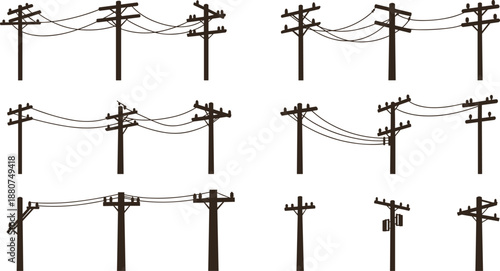 Electric utility poles, vector drawing, cable line art, black silhouette, flat wire illustration, CAD sketch, infrastructure design element