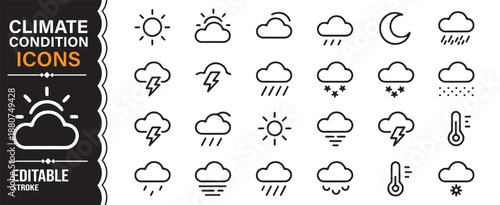 Climate condition and weather forecast editable line icon set