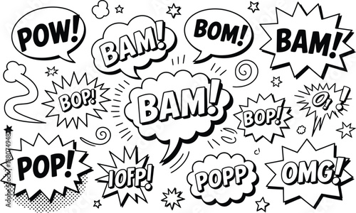 Explosion of Comic Book Sound Effects and Action Words in a Black and White Hand-Drawn Style, Capturing the Energy of Comics