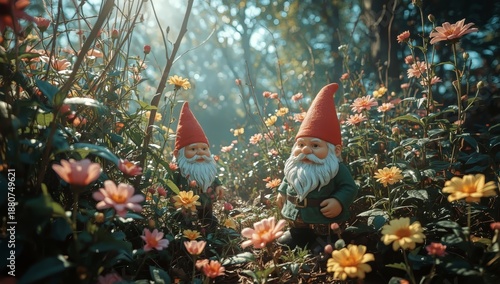 Garden Gnomes Stand Among Colorful Flowers in a Bright Setting During Dayligh...