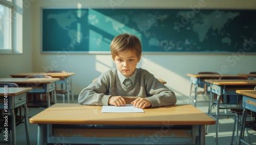 Young Student Sits at a Desk in an Empty Classroom Focused on Papers in the A...