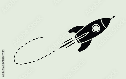 Simple black rocket ship illustration launching into space with a dotted dashed trail behind it on a light background