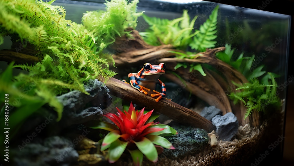 Obraz premium Vibrant Frog on Branch in Lush Green Terrarium