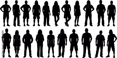 People silhouettes set standing poses, men women diverse human figures black vector illustration isolated white background design collection