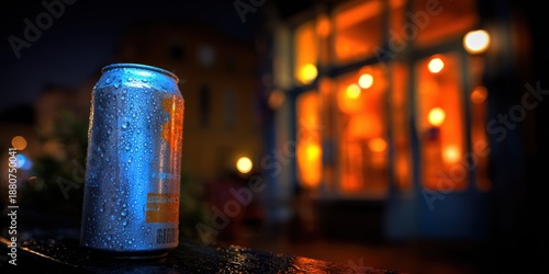 Wallpaper Mural A close-up of a wet, metallic beverage container sits outdoors at night, blurred background Torontodigital.ca