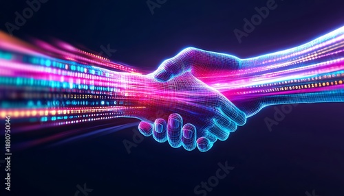A creative depiction of a handshake made of light beams and data flows, set against a dark backdrop with binary code, illustrating the power of collaboration in the digital age.