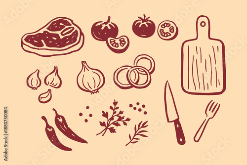 Steak and cooking ingredients doodle sketch vector illustration