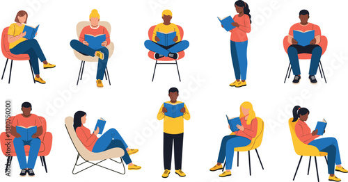 Diverse people reading books in various sitting and standing poses, modern flat illustration set for education, learning, studying and literature concepts