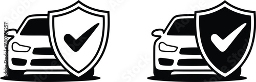 Two monochrome icons depicting a car shield with a checkmark, symbolizing car insurance, protection, and safety services and approved verification