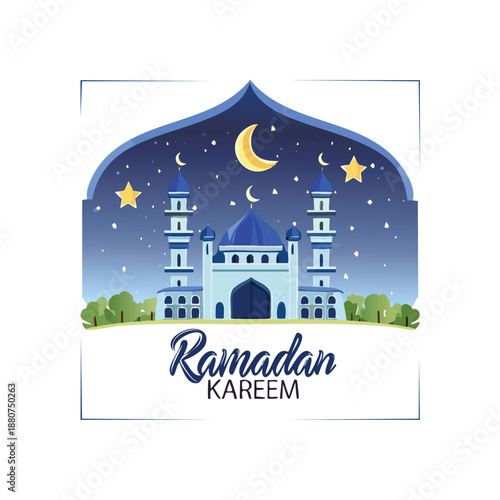 Vector illustration of a cartoon house on a hill in the forest with a winter landscape design featuring a moonlit night sky and a snowy village silhouette