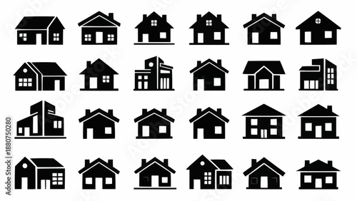 Various black house icons on white background for design projects