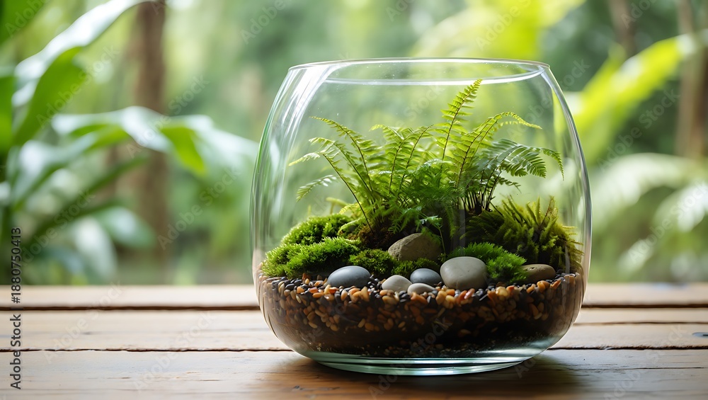 Obraz premium Terrarium with Ferns and Moss on Wooden Table