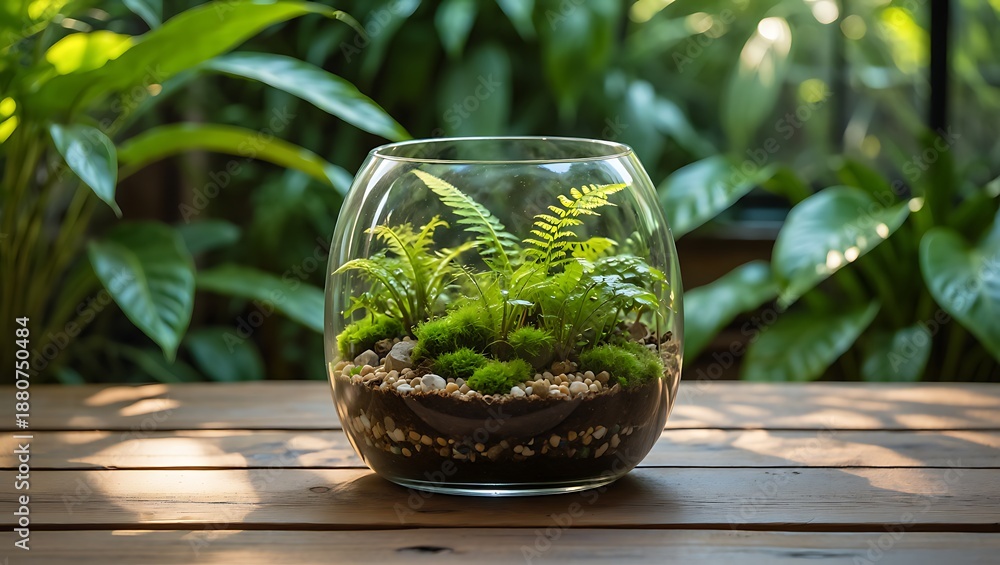 Fototapeta premium Terrarium with ferns on wooden table in lush garden